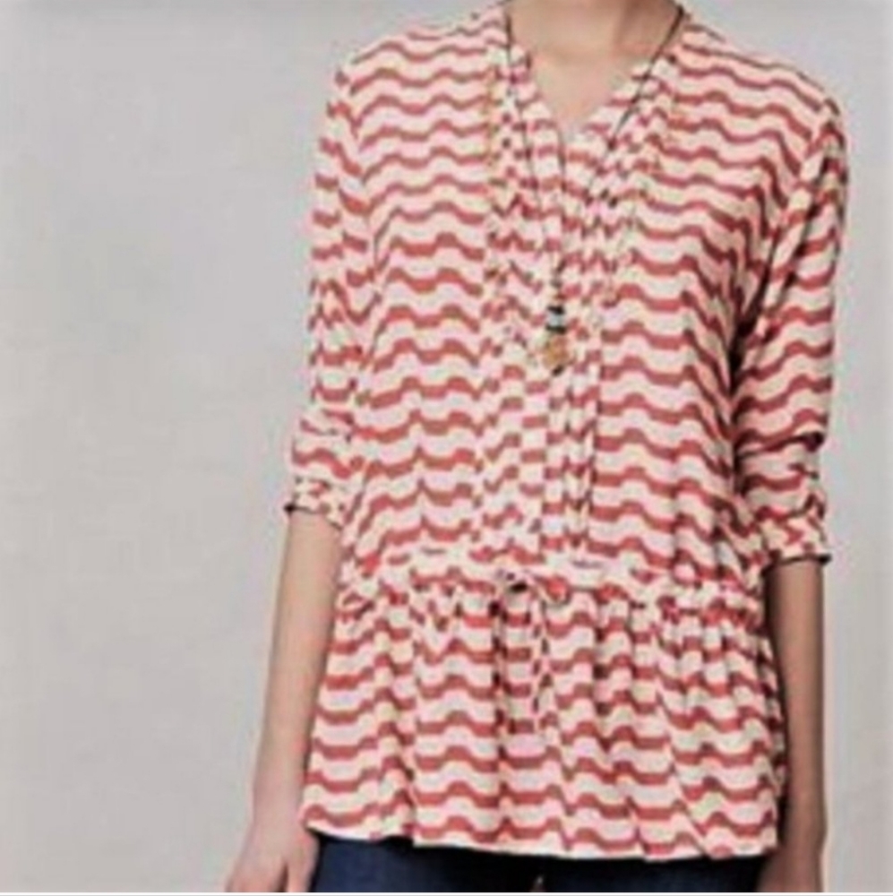 Isabelle Sinclair Anthropologie Swizzle Striped Tie Elastic Waist Tunic Blouse